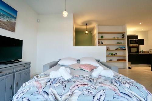 ein Schlafzimmer mit einem Bett mit Kissen und einem TV in der Unterkunft Le Clos de l'Anse *front de mer* in Ploemeur