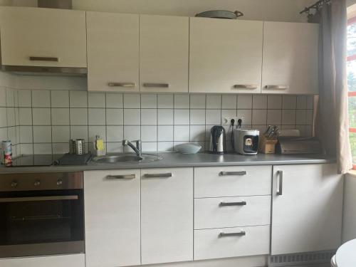 una cucina con armadi bianchi, lavandino e piano cottura di Karneol Apartman a Balatonfenyves