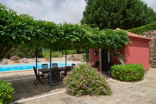 a patio with a table and chairs next to a pool at Deluxe Bedroom in Farmhouse, Swimming Pool, By TimeCooler in Sobral de Monte Agraço