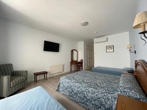 a bedroom with a bed and a chair and a tv at Hotel Amandi in O Grove