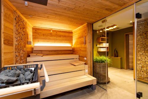 a sauna in a room with wooden walls at Rosendomizil Klein Venedig in Malchow