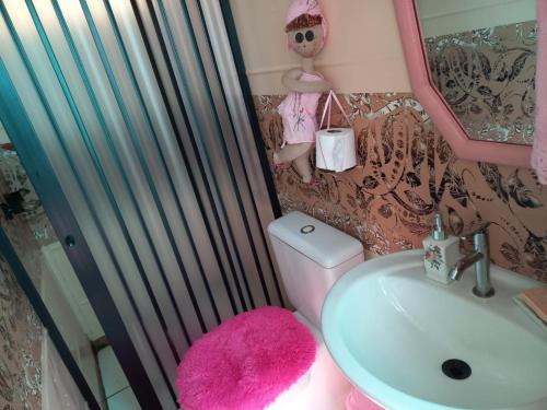 a bathroom with a pink toilet and a sink at Barco Casa Pantanal Toca da Onça in Poconé