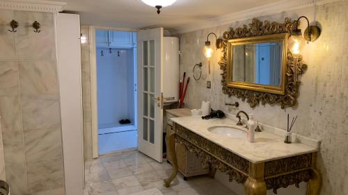W łazience znajduje się umywalka, lustro i prysznic. w obiekcie Antalya’nın kalbinde büyüleyici bir sığınak w mieście Antalya