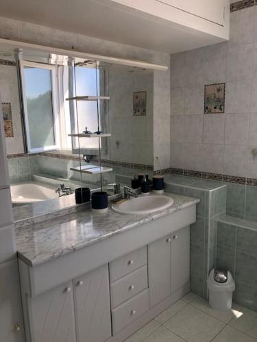 une salle de bain avec deux lavabos et un grand miroir dans l'établissement Maison de vacances 10 personnes, La Tremblade, à La Tremblade