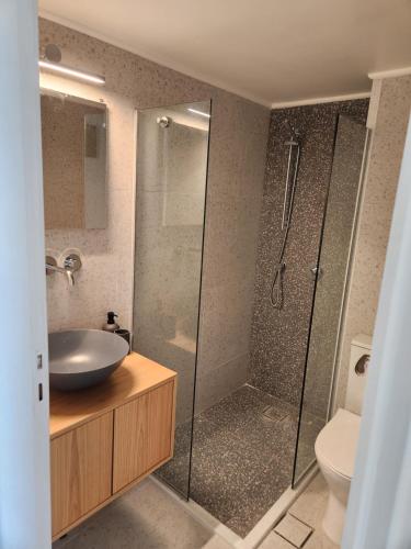 a bathroom with a shower and a sink and a toilet at Zouberi Τwins Luxury Appartments(South) in Nea Makri