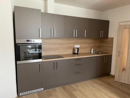 a kitchen with gray cabinets and a stove top oven at Apartmány Šumavánek in Zdíkov