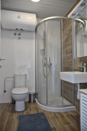 a bathroom with a shower and a toilet and a sink at LaVista in Jagodina