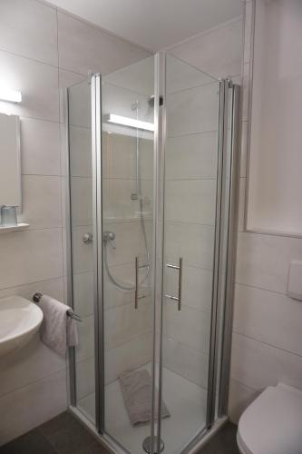 a shower with a glass door in a bathroom at Feriengut Bohn in Bernkastel-Kues