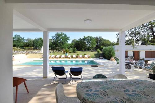 patio ze stołem i krzesłami oraz basenem w obiekcie The Rock Stars Villa With Private Pool And Beach w mieście Danilovgrad