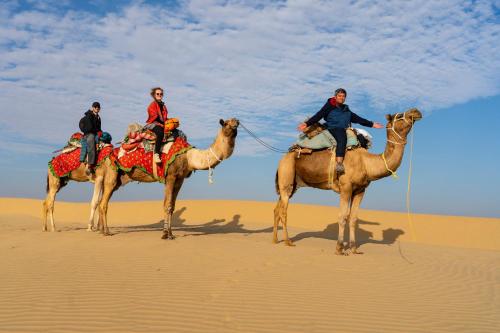 three people are riding on camels in the desert at Hotel Renuka in Jaisalmer