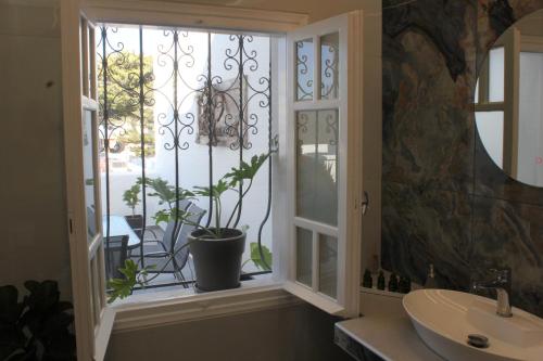 a bathroom with a window with a potted plant at THE ROCK LUXURY HOMES in Mesaria