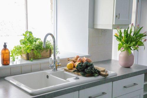 a kitchen sink with fruits and vegetables on a cutting board at Highfield in Lauder