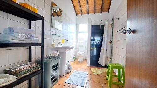 een badkamer met een douche, een wastafel en een toilet bij Casa Azul in Rabo de Peixe