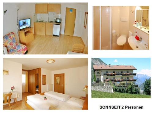 a collage of four pictures of a room at Residence Alpenrose in Martello