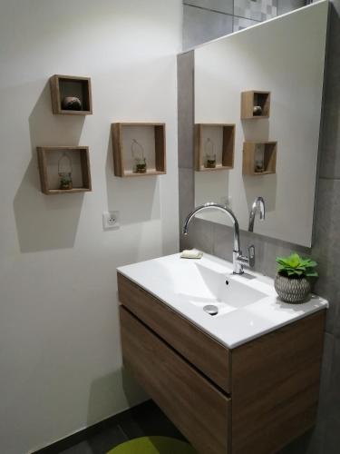 une salle de bain avec un lavabo et un miroir dans l'établissement Maison en pleine nature, à Peyrilles
