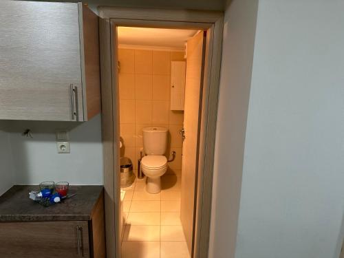 a small bathroom with a toilet and a sink at Luxury Villa Magic View 4U - katarina in Kineta