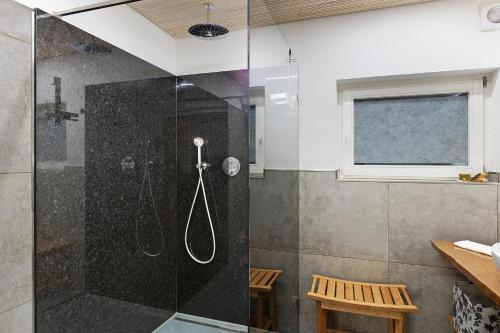 bagno con doccia e porta in vetro di Zum Haselbach a Weilheim