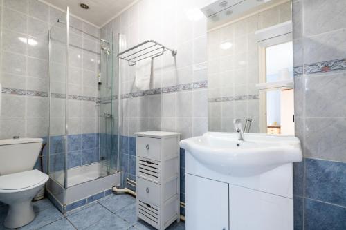 een badkamer met een wastafel, een toilet en een douche bij Logis Hôtel La crémaillère in Hagetmau