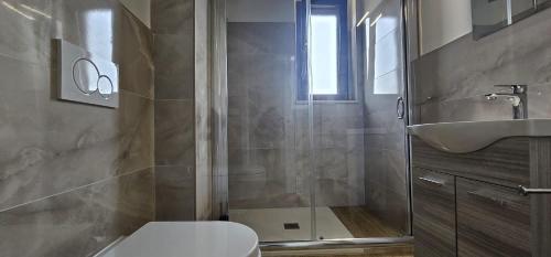 a bathroom with a shower and a toilet and a sink at Borgo Caridà - Green Family Holidays in Zaccanopoli