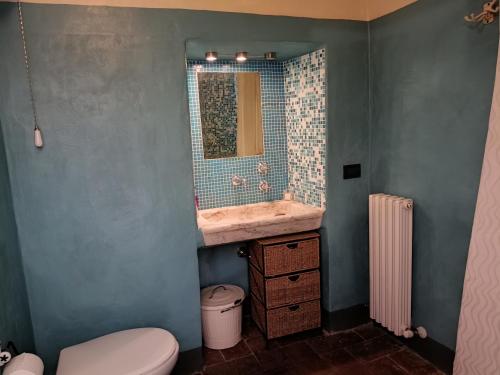 a bathroom with a sink and a toilet and a mirror at Agriturismo Cà del Lupo in Pontremoli