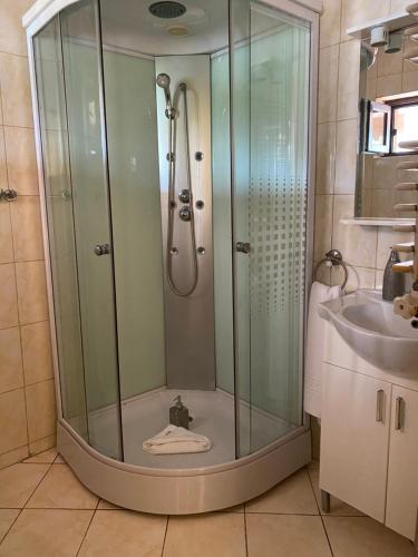 a shower with a glass door in a bathroom at CHALET Orsova in Orşova