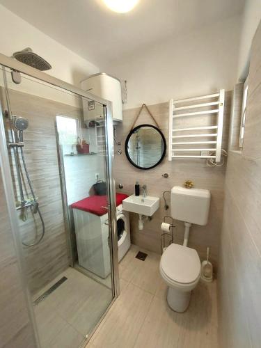a bathroom with a shower and a toilet and a sink at Buble Summer House in Rab