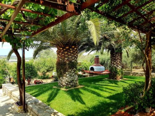 PetrokefálionにあるAloni Homeのヤシの木と建物のある緑の庭