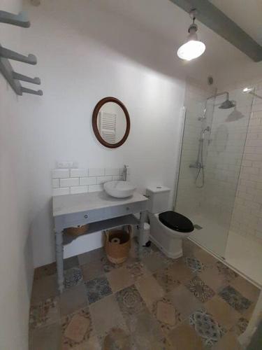 une salle de bain avec toilettes, lavabo et miroir dans l'établissement Les Marronniers @ Cinq La Voûte, à Ambleville