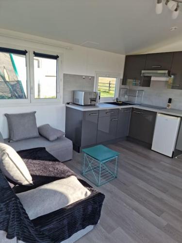 un salon avec un canapé et une cuisine dans l'établissement Chalet Vue Mer, terrasse, nature, poney à disposition, à Dieppe