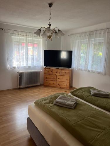 a bedroom with two beds and a flat screen tv at Garden View Apartment in Innsbruck