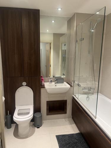クロイドンにあるLuxurious 1 Bedroom Apartment In Croydonのバスルーム(トイレ、洗面台、シャワー付)