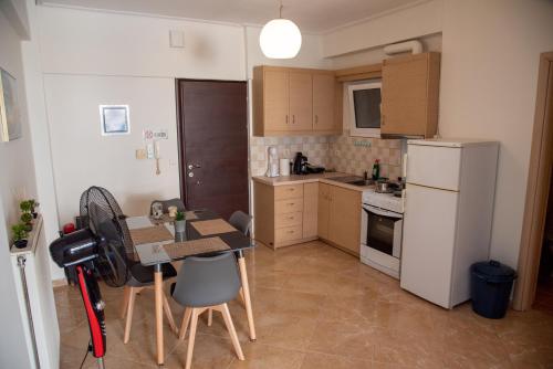 內亞阿塔基的住宿－Modern apartment at Nea Artaki，一间带桌子和冰箱的小厨房