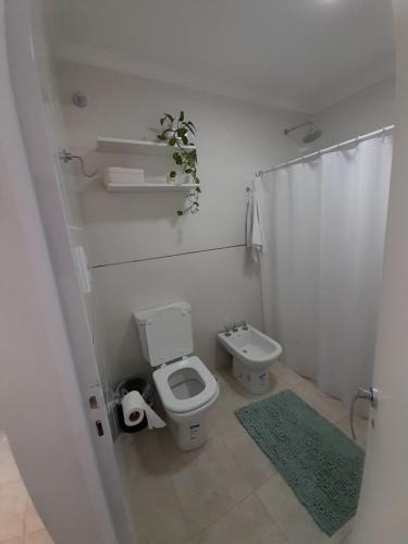 La salle de bains blanche est pourvue de toilettes et d'un lavabo. dans l'établissement La Ruperta, à Mercedes