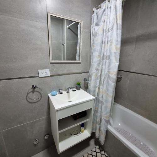 a bathroom with a sink and a shower curtain at Happy Guest Apart 53 in Ushuaia