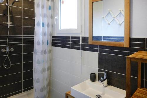 a bathroom with a sink and a mirror and a shower at Baie du Mont Saint Michel / Gîte de la Vaquerie in Vains