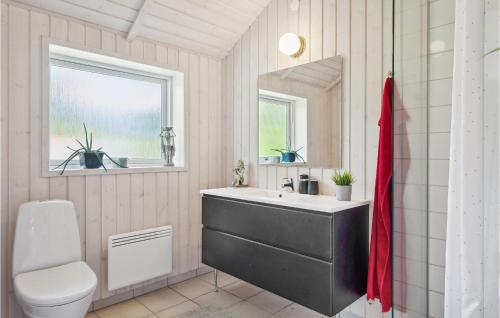 ein Badezimmer mit einem Waschbecken, einem WC und einem Spiegel in der Unterkunft Awesome Home In Skibby With Kitchen in Skibby
