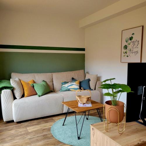 sala de estar con sofá y almohadas coloridas en Ferienwohnung Am Hochfeld, en Bad Kohlgrub