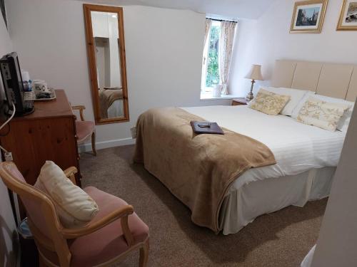 a bedroom with a bed and a chair and a mirror at Tudor Cottage in Bossington