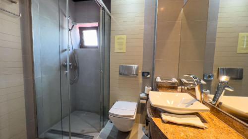 a bathroom with a shower and a toilet and a sink at Hotel Tolea in Târgovişte