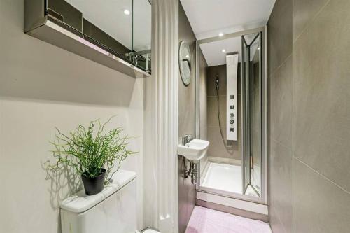 a bathroom with a toilet and a sink and a shower at Flat w/ terrace in Notting Hill in London