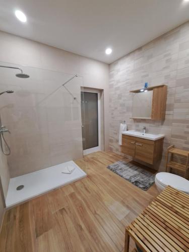 a bathroom with a shower and a toilet and a sink at B&S Accommodation Seafront Duplex Penthouse in Marsaskala