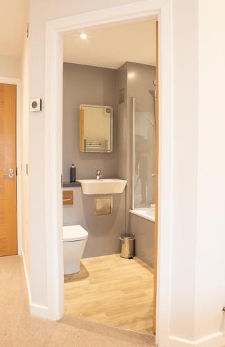 a bathroom with a toilet and a sink and a mirror at Loch Lomond Hotel in Balloch