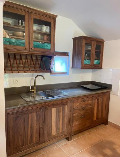 a kitchen with wooden cabinets and a sink at Juliana Cottage in Soča