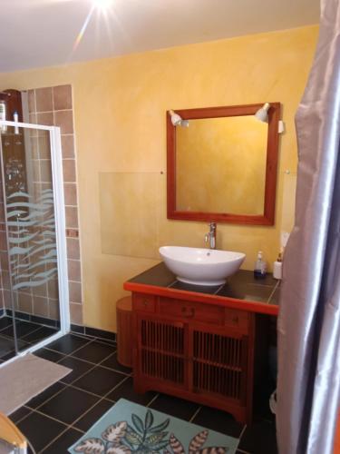 een badkamer met een wastafel en een spiegel bij Maison au coeur de Sancerre le N°7 in Sancerre