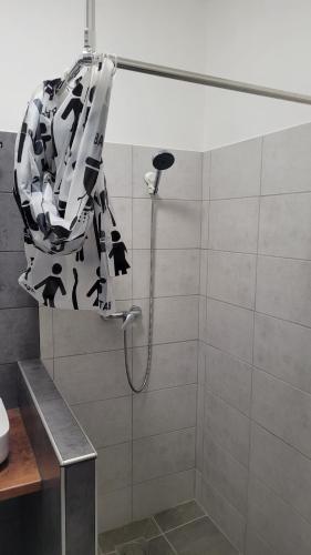 a shower with a black and white shower curtain at ABO Penzion Chomutov in Chomutov