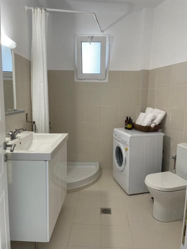a bathroom with a washing machine and a toilet at Locals Apartment Karpathos in Karpathos Town
