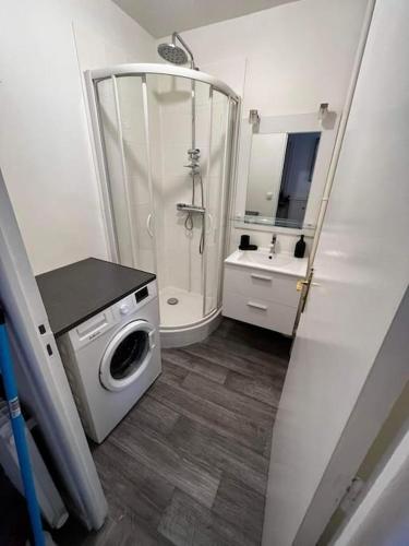 y baño con ducha y lavadora. en Appartement T2 Chalons, en Châlons-en-Champagne