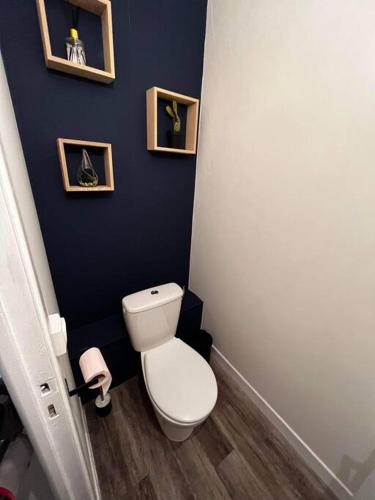 baño con aseo blanco en una pared azul en Appartement T2 Chalons, en Châlons-en-Champagne