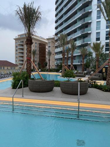 une piscine bordée de palmiers et un grand bâtiment dans l'établissement Ardwyn Studio Apartments Gibraltar, à Gibraltar