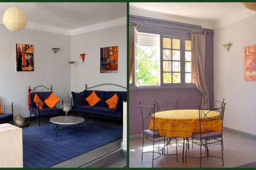 duas fotos de uma sala de estar com uma mesa e um sofá em Lot 46 em Souira Guedima